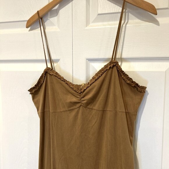 Vtg Unyx Dress Brown Faux Suede Asymmetrical Ruffle Western Goth Whimsy L Y2K - Picture 4 of 8